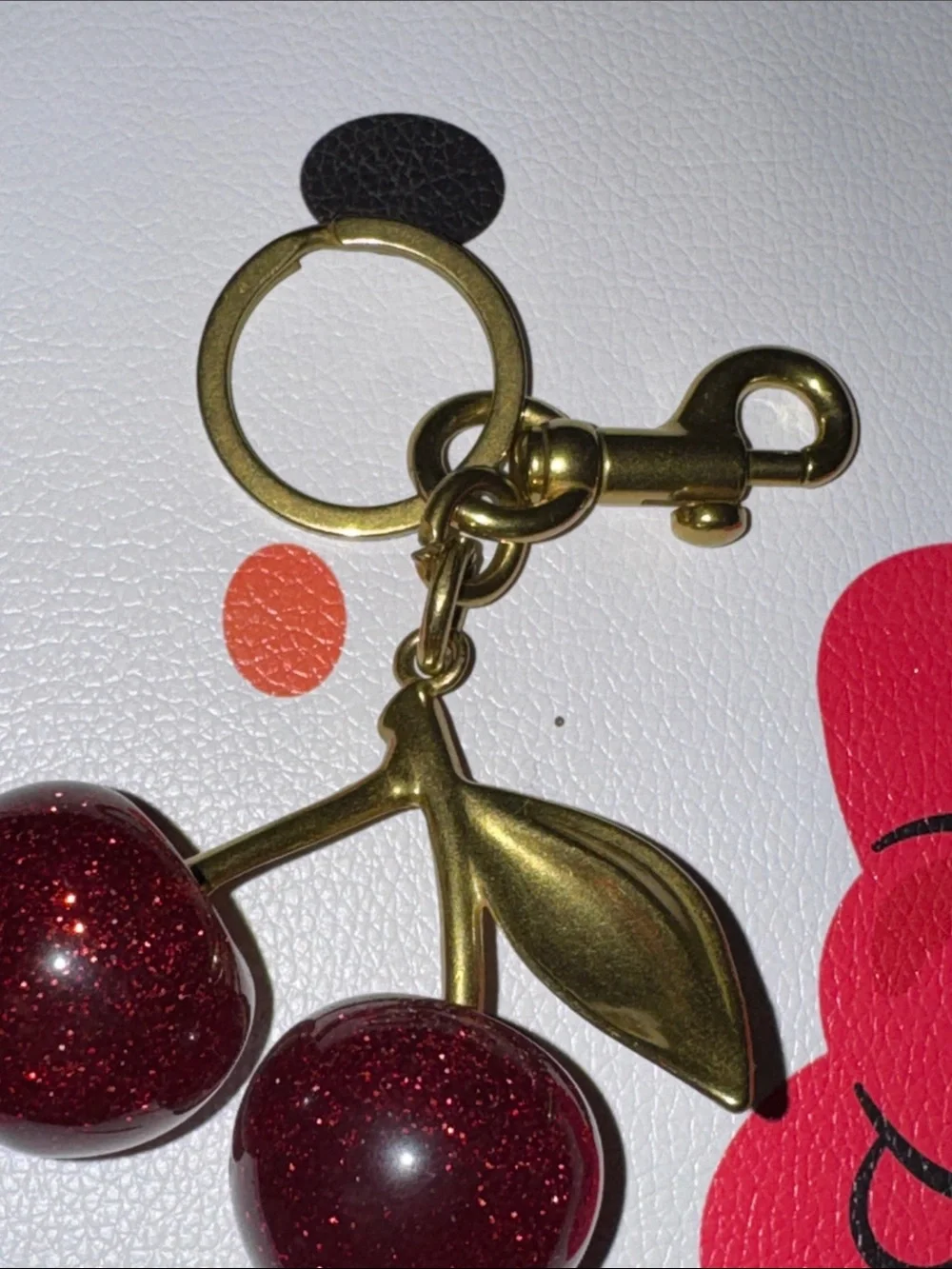 Gold Cherry Keychain with Red Glitter Charms